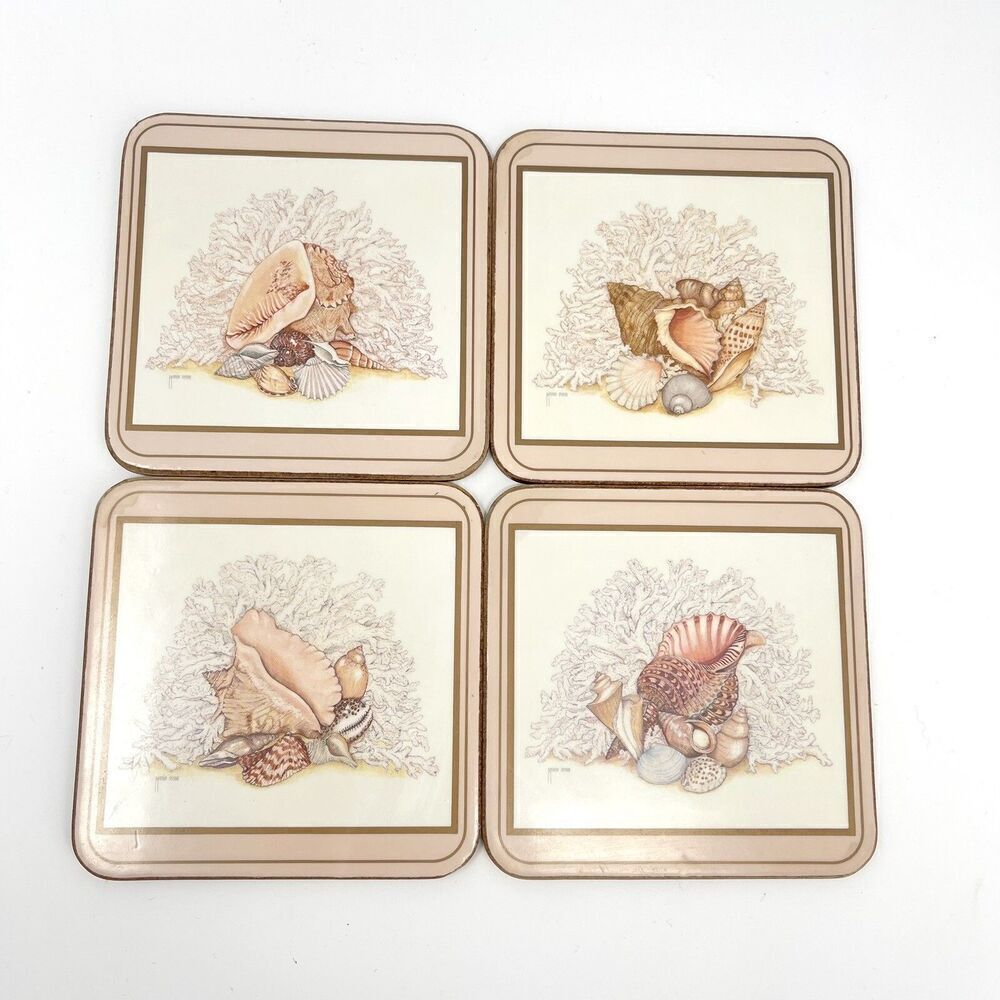 Vintage Pimpernel Coasters Maria Ryan Pink SEA SHELL Beach 4”X 4” Set Of 4